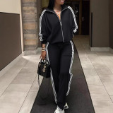 SC Plus Size Stripe Patchwork Zipper Two Piece Pants Set NY-10959