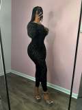 SC Print Long Sleeve Backless Skinny Jumpsuit GCNF-0226