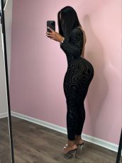 SC Print Long Sleeve Backless Skinny Jumpsuit GCNF-0226
