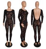 SC Print Long Sleeve Backless Skinny Jumpsuit GCNF-0226