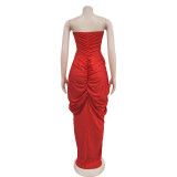 SC V Neck Slolid Color Tube Top Dress BY-7135