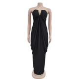 SC V Neck Slolid Color Tube Top Dress BY-7135