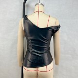 SC PU Slash Neck Irregular Top GPBY-244