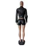 SC PU Leather Long Sleeve Zipper Short Suit MEM-88619
