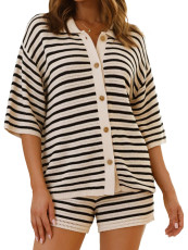 SC Stripe Knits Hollow Out Two Piece Shorts Set MDF-5505