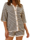 SC Stripe Knits Hollow Out Two Piece Shorts Set MDF-5505