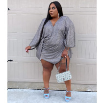 SC Plus Size V Neck Loose Sequin Mini Dress GCNF-352