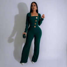 SC Patchwork Big Button Long Sleeve Jumpsuit OSM-4466