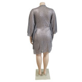 SC Plus Size V Neck Loose Sequin Mini Dress GCNF-352
