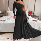 SC Single Shoulder Long Sleeve Solid Maxi Dress SNF-234LQ55897-A888