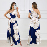 SC Slash Neck Backless Print Split Long Dress GYLY-10594