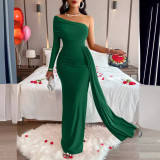 SC Single Shoulder Long Sleeve Solid Maxi Dress SNF-234LQ55897-A888