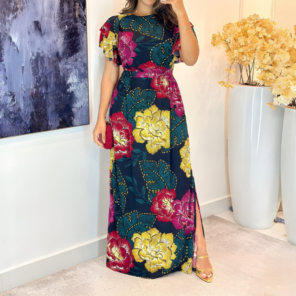 SC Print Ruffled Sleeve Tie Up Split Maxi Dress GYLY-10593