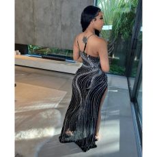 SC Mesh Hot Drill Sling Split Maxi Dress GOSD-6847