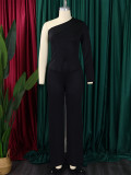 SC Plus Size Single Shoulder Long Sleeve Solid Pants Suit GATE-D463