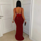 SC Velour Sequin Sling Hot Drill Maxi Dress CYA-901592