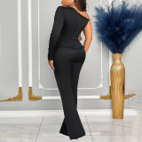 SC Plus Size Single Shoulder Long Sleeve Solid Pants Suit GATE-D463