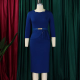 SC Plus Size Solid Color 3/4 Sleeve Midi Dress GMLF-3312