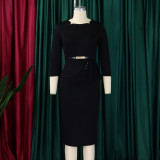 SC Plus Size Solid Color 3/4 Sleeve Midi Dress GMLF-3312