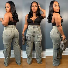SC Plus Size Fashion Multi-pockets Removable Straight Jeans GAKF-41208
