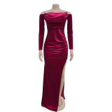 SC Solid Color Off Shoulder Split Evening Dress BY-7157