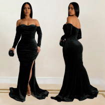 SC Solid Color Off Shoulder Split Evening Dress BY-7157