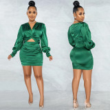 SC Solid Color Long Sleeve Hollow Out Midi Dress BY-5583
