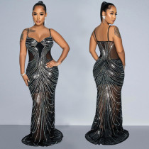 SC Mesh Hot Drill Backless Sling Maxi Dress BY-6820