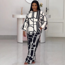 SC Plus Size Print Long Sleeve Loose 2 Piece Pant Set NY-10963