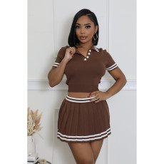 SC Contrast Color Knits Pleated Skirt 2 Piece Set ASL-6773