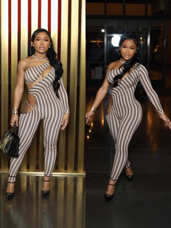 SC Pre Order: About 7 work days shipping Stripe Print Single Shoulder Long Sleeve Jumpsuit YUEM-2025001