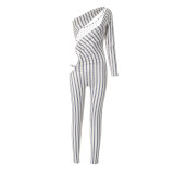 SC Pre Order: About 7 work days shipping Stripe Print Single Shoulder Long Sleeve Jumpsuit YUEM-2025001