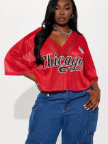 SC Letter Print V Neck Lace T Shirt YWXS-XS-XSL44780