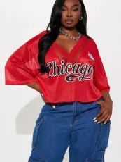 SC Letter Print V Neck Lace T Shirt YWXS-XS-XSL44780