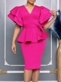 SC Plus Size Ruffle Solid Color Midi Dress GMLF-3314
