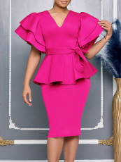 SC Plus Size Ruffle Solid Color Midi Dress GMLF-3314