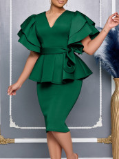 SC Plus Size Ruffle Solid Color Midi Dress GMLF-3314