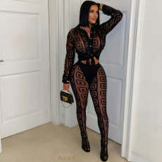 SC Print Mesh See Through Shirt Pants Suit YNSF-2671