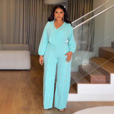 SC Plus Size Sexy Lantern Sleeve Wide Leg Jumpsuit NY-10967