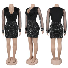 SC Plus Size V Neck Hot Dril See Through Mini Dress NY-3361