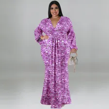 SC Plus Size Print Long Sleeve Fashtail Dress GDAM-1038