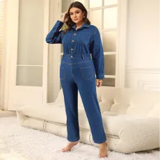 SC Plus Size Denim Lapel Long Sleeve Jumpsuit GDAM-1086