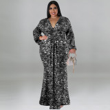 SC Plus Size Print Long Sleeve Fashtail Dress GDAM-1038