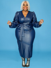 SC Plus Size PU Leather Long Sleeve Two Piece Skirt Set GDAM-129