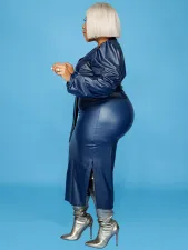 SC Plus Size PU Leather Long Sleeve Two Piece Skirt Set GDAM-129