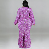 SC Plus Size Print Long Sleeve Fashtail Dress GDAM-1038