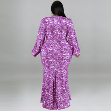 SC Plus Size Print Long Sleeve Fashtail Dress GDAM-1038