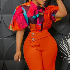SC Plus Size Print Tie Up Bubble Sleeve Shirt GATE-561