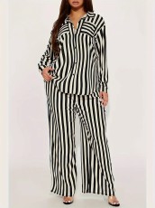 SC Stripe Shirt Loose Long Sleeve Two Piece Pants Set WSYF-5968