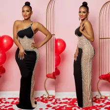 SC Mesh Patchwork Hot Drill Sling Maxi Dress GOSD-6846
